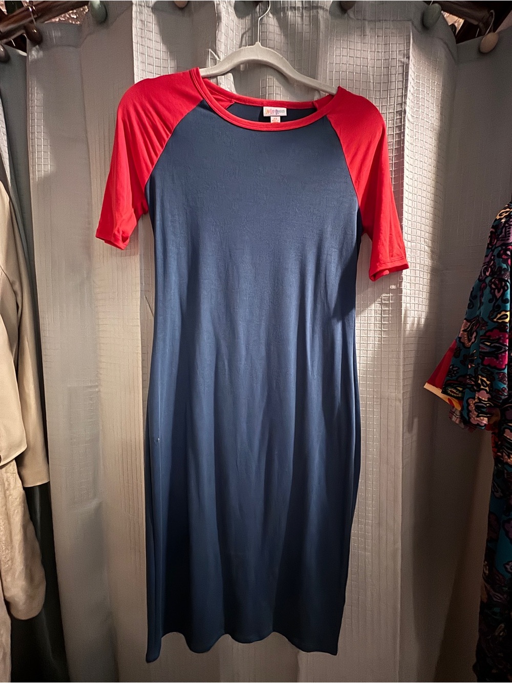 LuLaRoe Blue Midi Dress with Red Raglan Sleeves